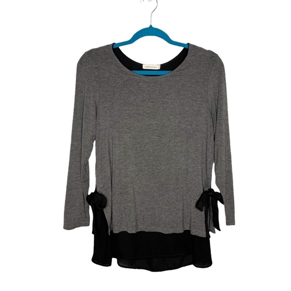 Pebble & Stone Gray Double Layer Tie Sides Long Sleeve Blouse - Picture 1 of 10